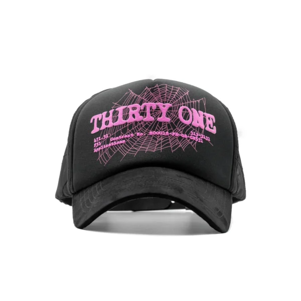 a black hat with pink text