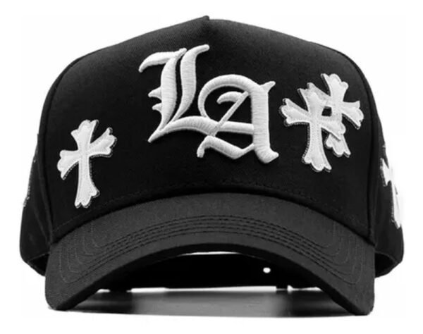 a black hat with white letters on it
