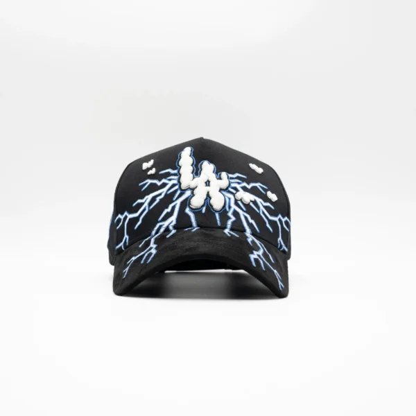 a black hat with white lightning design